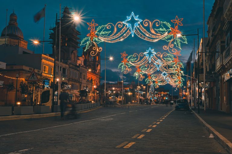 Festive Christmas illumination and decorations on streets of Paola, Malta